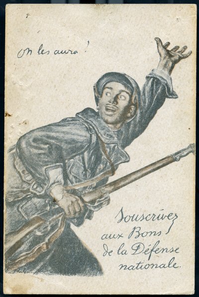 Postkarte des Abonnements zum Sprung der Nationalen Verteidigung, die einen Soldaten zeigt, der an die Front geht und ruft: „Wir werden sie haben“ von Jules Abel Faivre