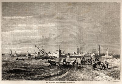 Ansicht von Essaouira (ehemals Mogador), Zeichnung von Jules Noel (1810-1881), zur Illustration der Reise von Herrn F. Schickler nach Marokko im Jahr 1860. Gravur in „Le tour du monde, nouveau journal des voyages“ Paris. von Jules Achille Noel