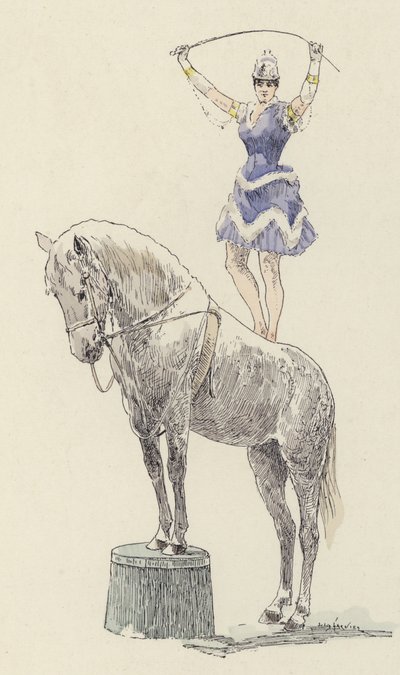 Turner steht auf dem Rücken eines Pferdes (Farblithografie) von Jules Arsene (after) Garnier