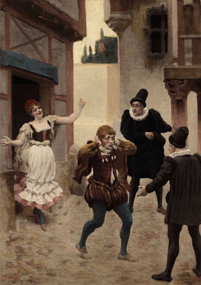 Ein Mann rennt weg, nachdem seine Frau sein Wort gefunden hat. An seiner Seite der Arzt und der Chirurg, die seine Frau operiert haben. Pantagruel. Illustration von Jules Garnier. Rabelais und das Werk von Jules Garnier von Jules Arsene Garnier