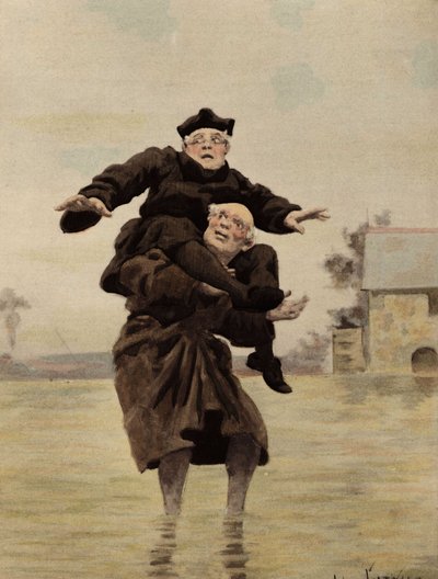 Bruder Adam Couscoil trägt Bruder Ian (Jan) Dodin auf seiner Schulter. Pantagruel. Illustration von Jules Garnier. In „Rabelais et l