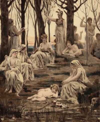 Cupido schläft unter den Musen. Sein Bogen und seine Pfeile liegen zu seinen Füßen. Venus, seine Mutter, oben in der Mitte. Pantagruel. Illustration von Jules Garnier. In „Rabelais et l