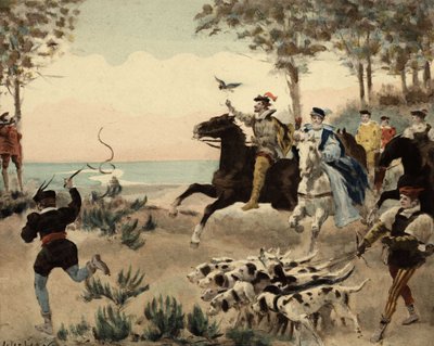Bewohner der Abtei von Theleme, die Thelemiter, auf der Jagd. Gargantua. Illustration von Jules Garnier. In „Rabelais et l