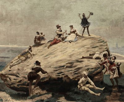 Schüler haben Spaß auf dem erhöhten Stein: ein Felsen, den Pantagruel auf vier Säulen in einem Feld installiert hat. Pantagruel. Illustration von Jules Garnier. In „Rabelais et l