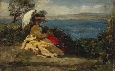 Frau mit Sonnenschirm, Douarnenez-Bucht, zwischen 1870 und 1875 von Jules Breton
