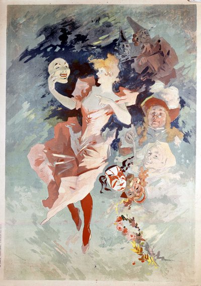 Karnevalsplakat von Jules Cheret: Frau mit Maske, B.N. Paris. 19. Jahrhundert. von Jules Cheret