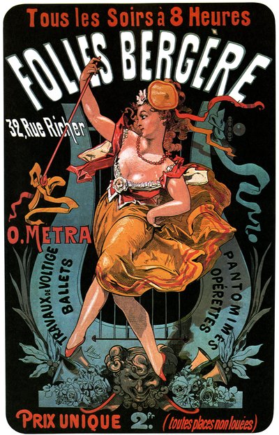Plakat für das Folies-Bergere 1874 von Jules Cheret (1836-1932) - Akrobatik, Ballette, Pantomimen, Operetten, Tanz, Tänzer, Musikhalle (Musikhalle), fröhliches Paris, Paris bei Nacht von Jules Cheret