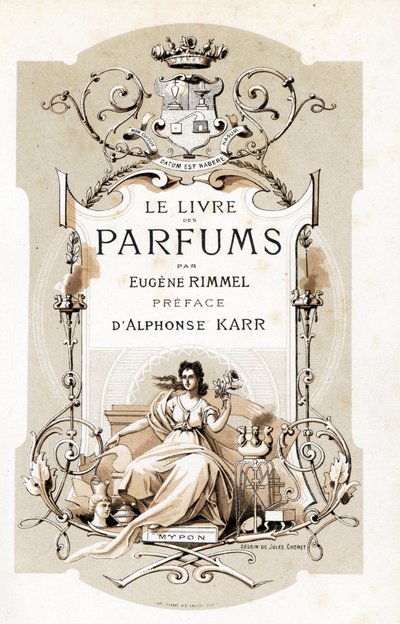 Titelseite mit einem Wappen und einer Frau, die eine Rose hält, auf einem Thron sitzend - Illustration von Jules Cheret (1836-1932) aus Le Livre des Parfums von Eugene Rimmel (1820-1887), Frankreich von Jules Cheret