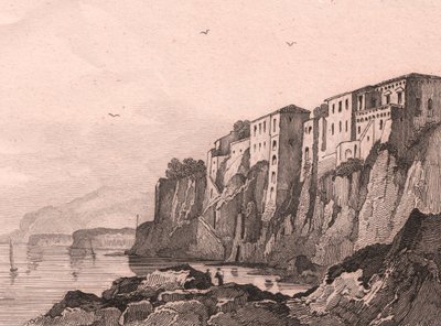 Blick auf Sorrent mit dem Haus von Torquato Tasso, Kampanien, Italien, Stahlstich von Sauvage nach einer Zeichnung von Jules Coignet von Jules Coignet