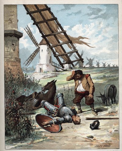 Don Quijote und die Windmühlen - Illustration von Jules David (1808-1892) aus Histoire de Don Quixote (Don Quijote) - 1887 - von Miguel de Cervantes Saavedra (1547-1616) von Jules David