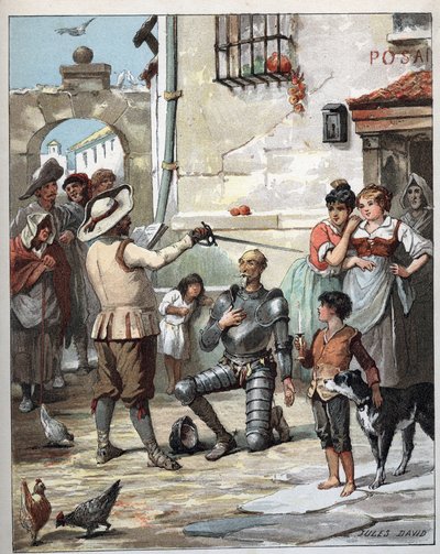 Vor einem Gasthaus, Don Quixote wird zum Ritter - Illustration von Jules David (1808-1892) aus Histoire de Don Quixote (Don Quixote) - 1887 - von Miguel de Cervantes Saavedra (1547-1616) von Jules David
