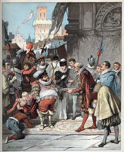 Sancho Panza wird zum Gouverneur der Insel Barataria ernannt - Illustration von Jules David aus „Histoire de Don Quixote“ von Miguel de Cervantes Saavedra - 1887 von Jules David