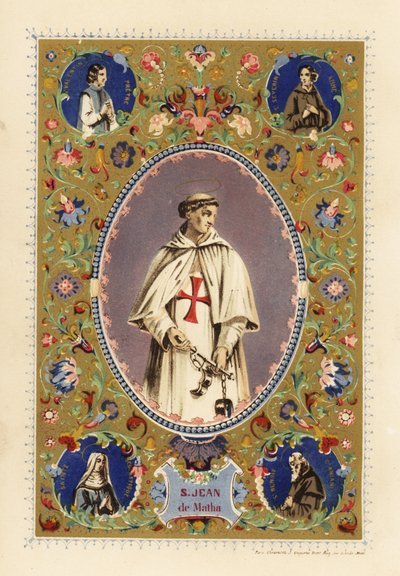 Porträt von Saint John of Matha, Gründer des Ordens der Heiligsten Dreifaltigkeit, mit Heiligenschein, in Kreuzritterroben, hält Fesseln befreiter Christen von Jules Desportes