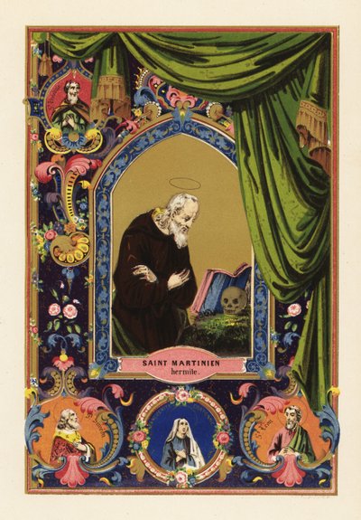 Porträt des Heiligen Martinian, Einsiedler von Caesarea in Palästina, mit Heiligenschein, lesend in der Bibel, an einen menschlichen Schädel gelehnt, innerhalb eines dekorativen Rahmens aus Vorhängen und Laub von Jules Desportes