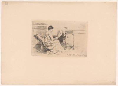 Frau mit Fächer auf niedrigem Stuhl von Jules Ferdinand Jacquemart (attributed to)