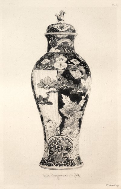 Geschichte der Keramikkunst: Eine beschreibende und philosophische Studie der Töpferei aller Zeiten und Nationen: Japan: Chrysanthemo-Paeonian Familie. -Krug, "Potiche," mit dem Hund von Fo und einem Karpfen, der aus dem Wasser springt (Platte III) von Jules Jacquemart
