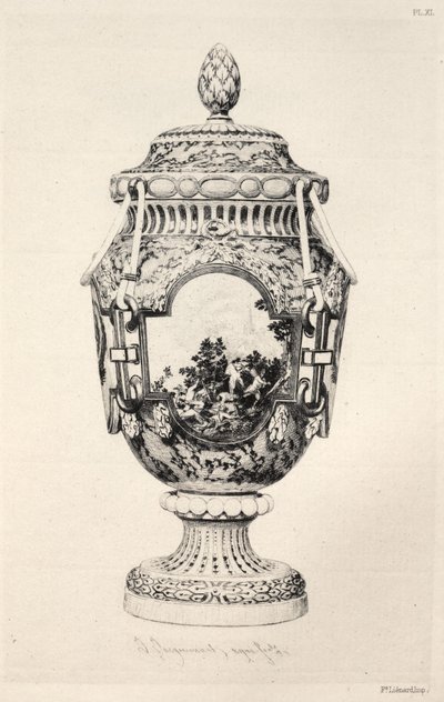 Geschichte der Keramikkunst: Eine beschreibende und philosophische Studie der Töpferei aller Zeiten und Nationen: Frankreich: Sèvres- Weiches Porzellan- Vase, Gedenkstück der Schlacht von Fontenoy (Platte XI) von Jules Jacquemart