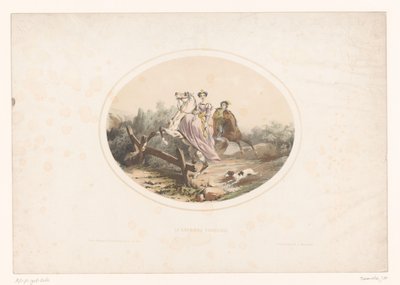 Edeldame springt mit Pferd über ein Hindernis von Jules Marie Desandre