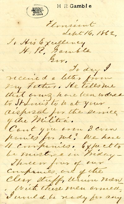 Brief unterzeichnet von Julian Bates, Florissant, an Seine Exzellenz H.R. Gamble, 16. September 1862 von Julian Bates