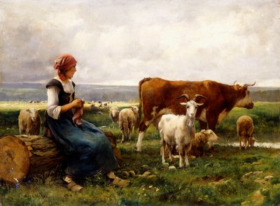 Hirtin mit Kühen und Ziegen von Julien Dupre