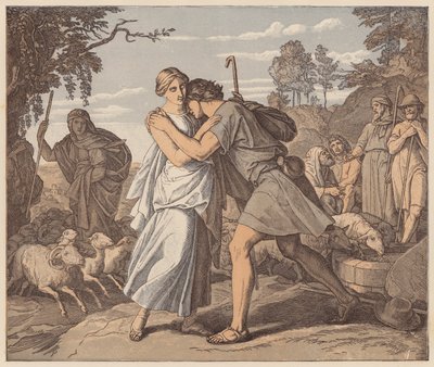 Jakob und Rahel am Brunnen, Genesis, XXIX von Julius (after) Schnorr von Carolsfeld