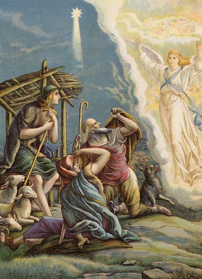 Die Hirten empfangen gute Nachrichten (Farblithografie) von Julius (after) Schnorr von Carolsfeld