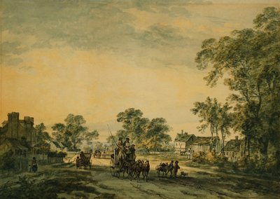 Eine Kutsche und Figuren auf einer Landstraße von Julius Caesar Ibbetson