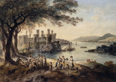 Conway Castle, mit John Smith "Der blinde Harper" im Vordergrund, 1796 von Julius Caesar Ibbetson