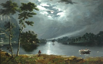 Fähre, Windermere, Blick nach Norden und See im Mondlicht von Julius Caesar Ibbetson