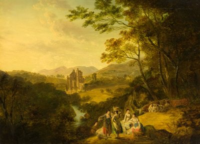 Rosslyn Castle mit Waschfrauen und Vieh, ca. 1800 von Julius Caesar Ibbetson