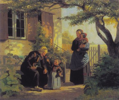 Ein kleines Mädchen lässt einen alten Mann an einer Blume riechen von Julius Exner