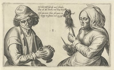 Spinnende Frau mit ihrem Ehemann von Julius Goltzius
