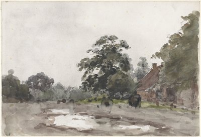Bauernhof unter hohen Bäumen mit Wasser im Vordergrund von Julius Jacobus van de Sande Bakhuyzen