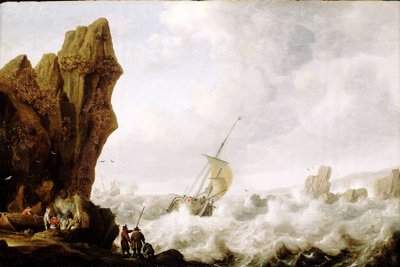 Ein Fischerboot mit zwei Masten (Haken) in stürmischer See, eingezwängt in eine Passage, umgeben von einer Küste mit steilen Felsen. Öl auf Holz, um 1620, von Julius Porcellis (1609-1645) von Julius Porcellis
