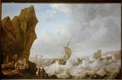 Fischerboot in stürmischer See vor einer felsigen Küste von Julius Porcellis