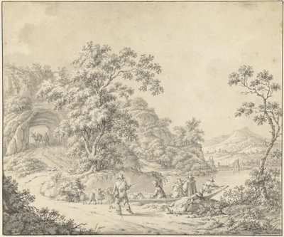 Landschaft mit einem Boot, in dem ein Schäfer mit seiner Herde sitzt von Jurriaan Andriessen (attributed to)
