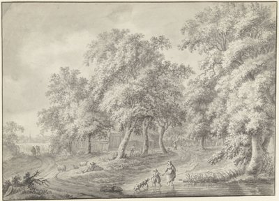 Landschaft mit Mutter und Kind mit Hund, der durch einen Teich watet von Jurriaan Andriessen (possibly)