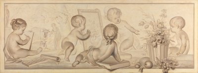 Sechs Putti mit Blumen und Früchten und Attributen der Zeichenkunst von Jurriaan Andriessen (signed by artist)