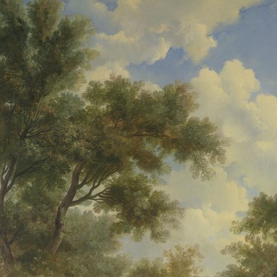 Arkadische Landschaft mit links einem Tempel und im Vordergrund einem sitzenden alten Mann von Jurriaan Andriessen