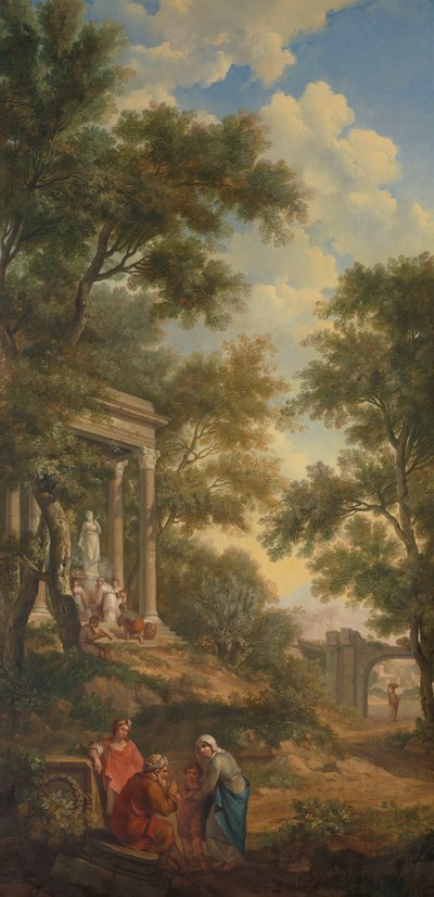 Arkadische Landschaft mit einem Tempel links und einem sitzenden alten Mann im Vordergrund von Jurriaan Andriessen