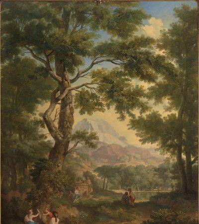 Arkadische Landschaft mit Kindern, einem Vogel und einem Hund im Vordergrund von Jurriaan Andriessen