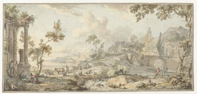 Entwurf für eine Zimmerbemalung mit südlicher Küstenlandschaft und Pyramide von Jurriaan Andriessen