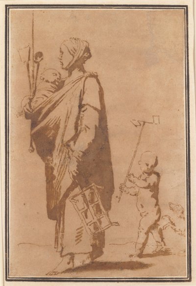 Eine Mutter trägt ein Kind und Küchenutensilien, gefolgt von einem Jungen und einem Hund von Jusepe de Ribera