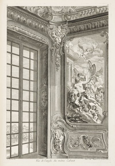 Ansicht der Ecke desselben Kabinetts; Ansicht der Ecke desselben Kabinetts, zeigt links ein großes Fenster und rechts das Gemälde von Zephyr und Flora, 2. Platte von Juste Aurèle Meissonnier