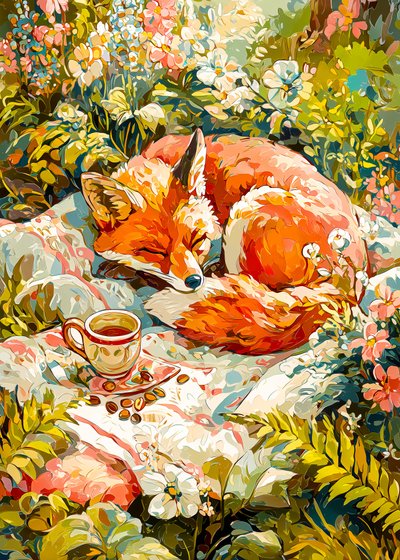 Schlafender Fuchs mit Tee von Justyna Jaszke