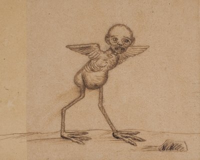 Motiv aus einer ostgrönländischen Sage (Ein Vogelwesen mit Kinderkopf. Einer der beiden Familientupilaks der Familie Andreassen) von Kaarale Andreassen