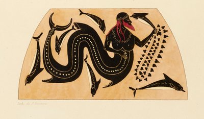 Druck der Dekoration auf einer griechischen Amphore, zeigt Poseidon begleitet von Delfinen, ca. 1858 von Kaeppelin et Compagnie