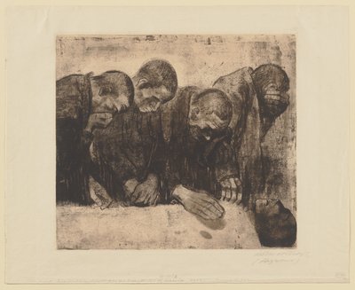 Die vier Figuren rechts der ursprünglichen Komposition „Gedenkblatt für Karl Liebknecht. Verworfene erste Fassung“ von Käthe Kollwitz
