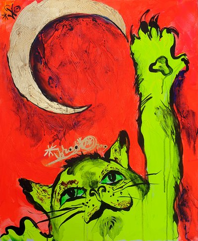 Grüne Katze roter Mond von Kanat Ibragimov