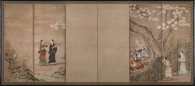Fröhliches Treiben unter Aronia-Blüten. Rechts von einem Paar sechsteiliger Wandschirme, 18. Jahrhundert von Kano Isenin Naganobu